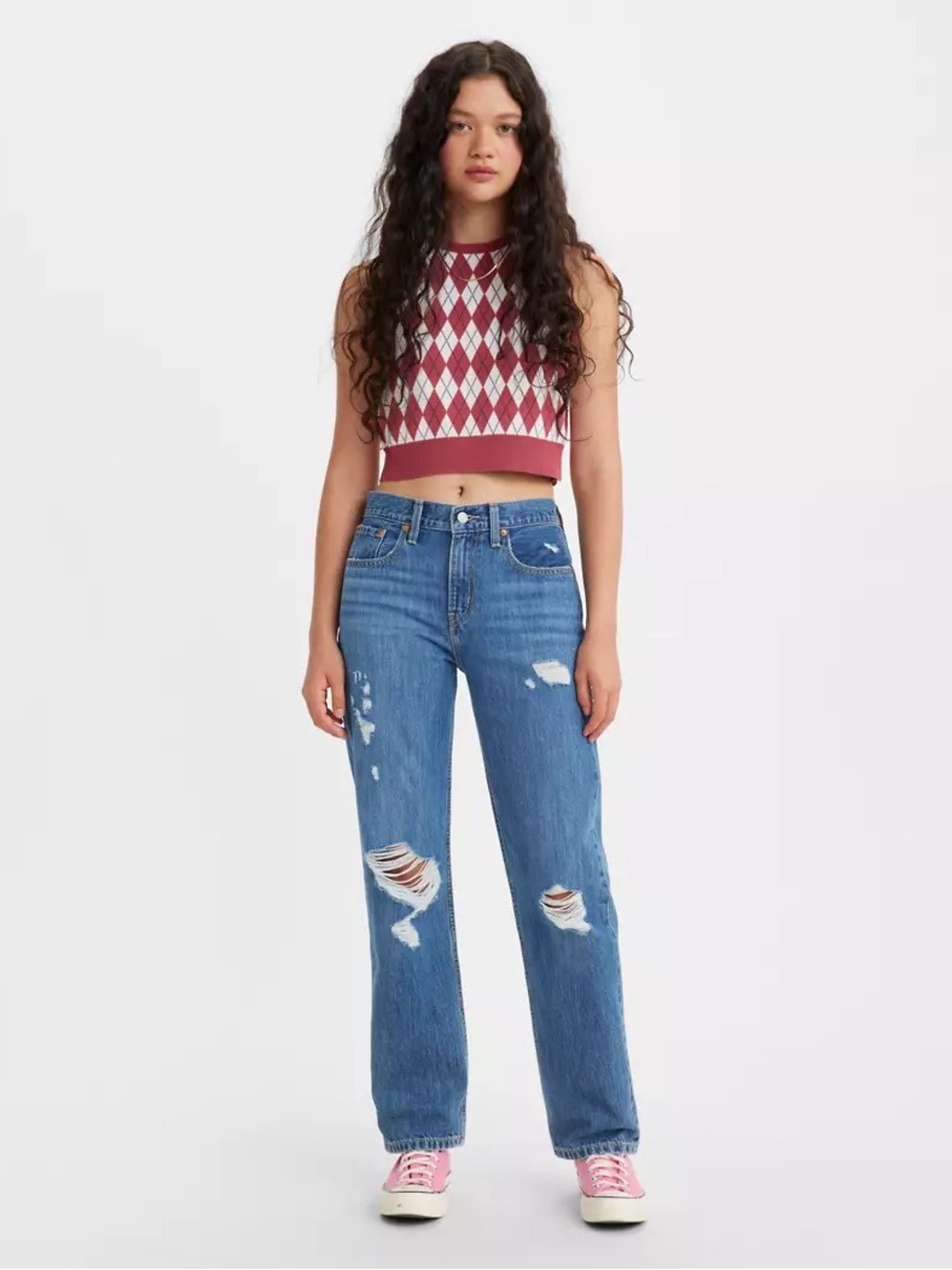 Levi's Low Pro Straight-Leg Distressed Jeans - Medium Blue